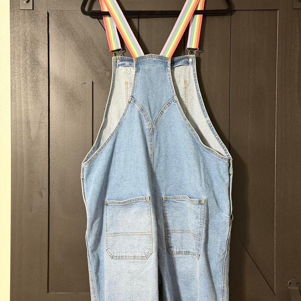 Rainbow Strap Denim Romper Overalls “Queen” Embroidered Trendy Y2K Cottagecore - Picture 4 of 8